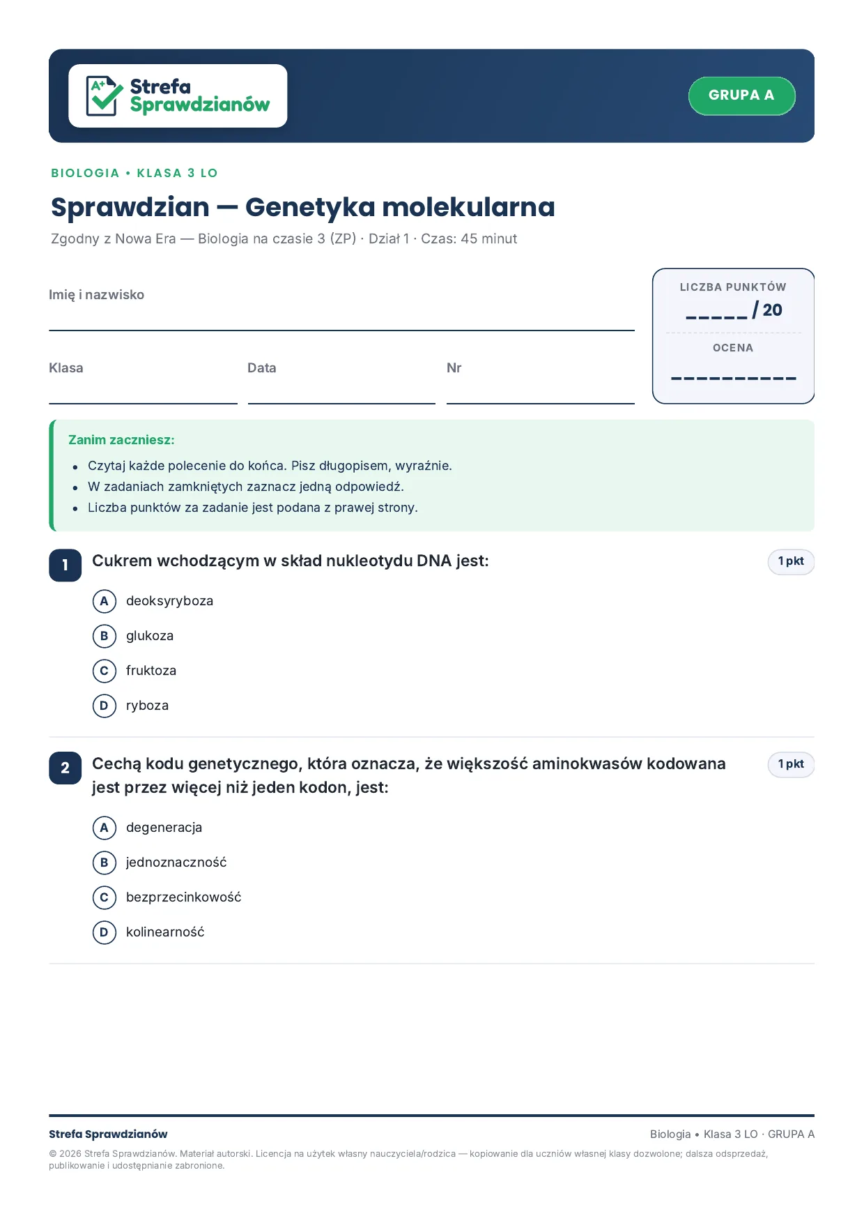 Przykładowy arkusz — strona 1