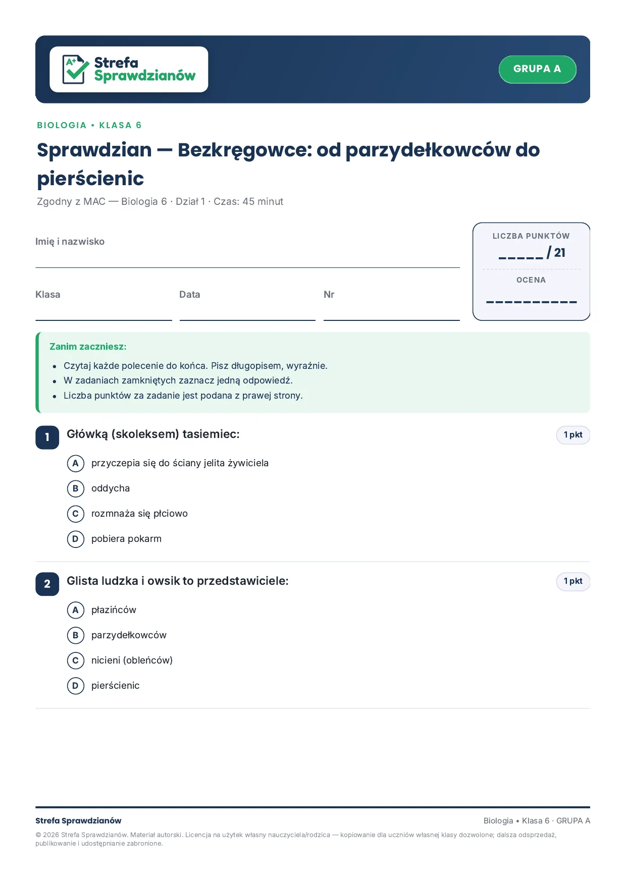 Przykładowy arkusz — strona 1