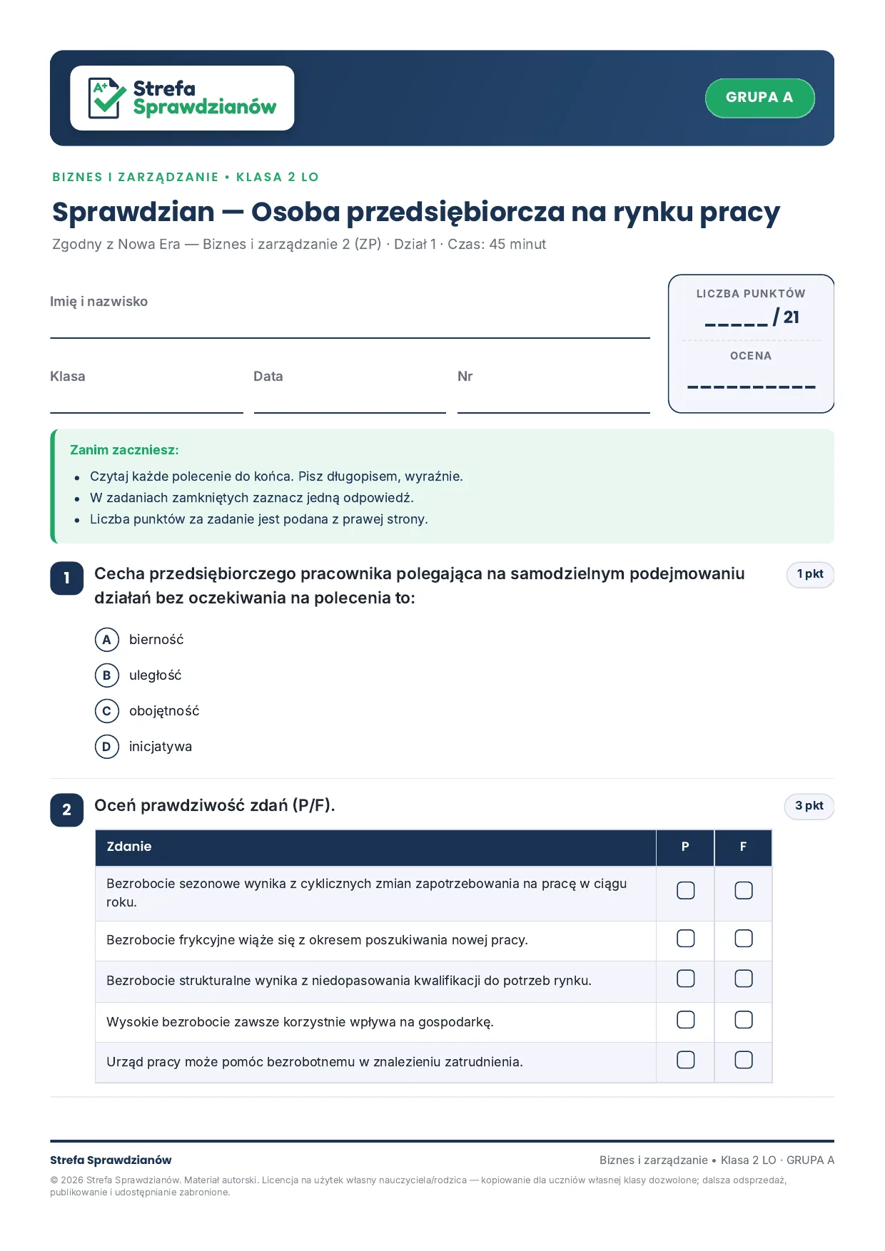 Przykładowy arkusz — strona 1