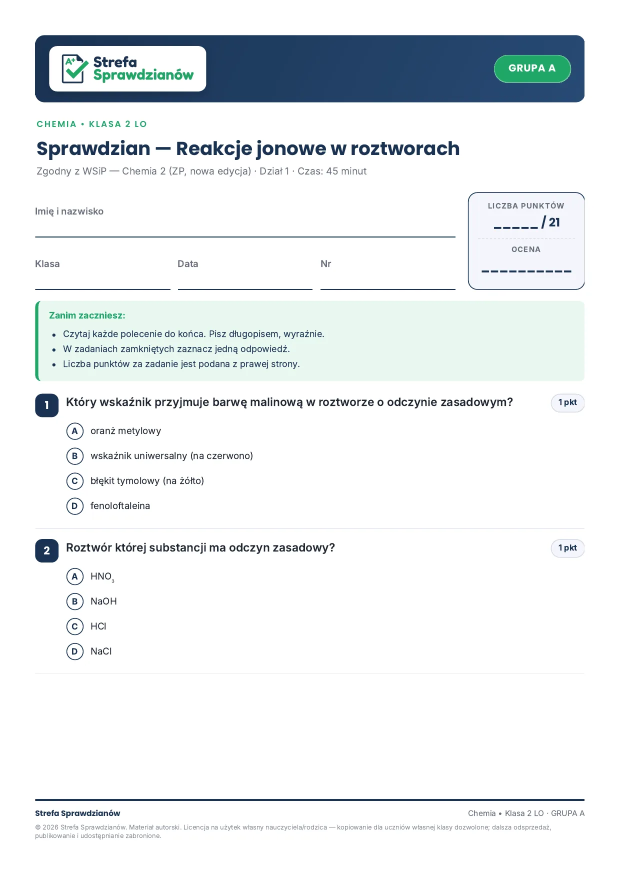 Przykładowy arkusz — strona 1