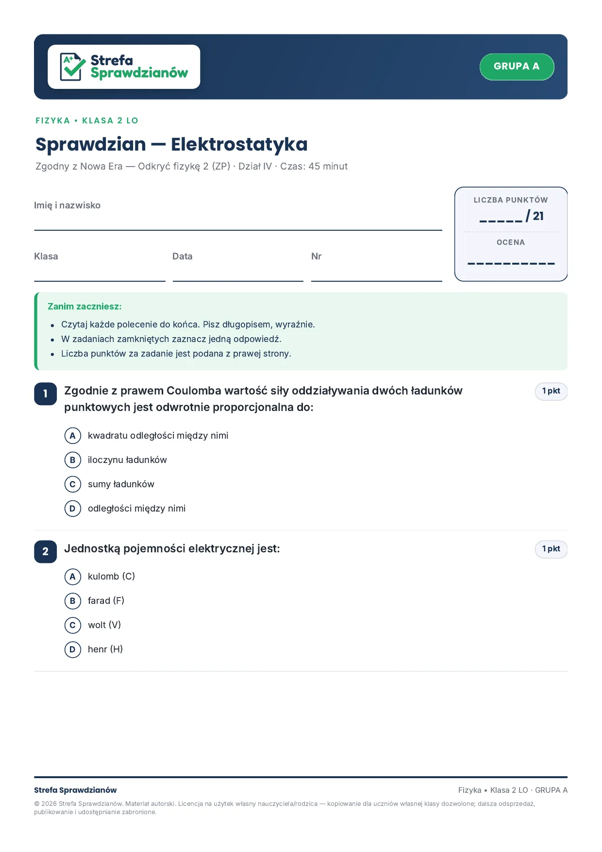 Przykładowy arkusz — strona 1