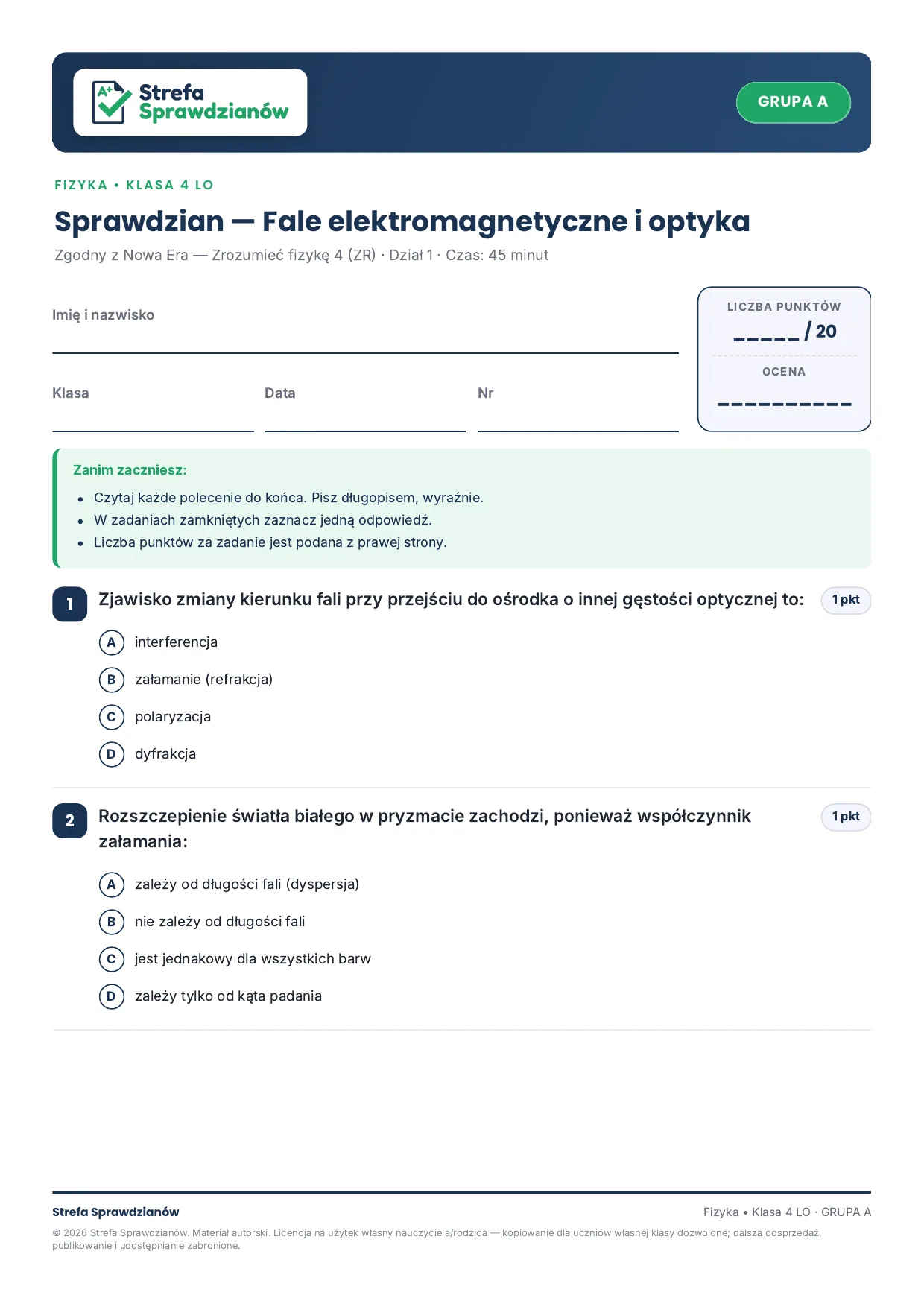 Przykładowy arkusz — strona 1