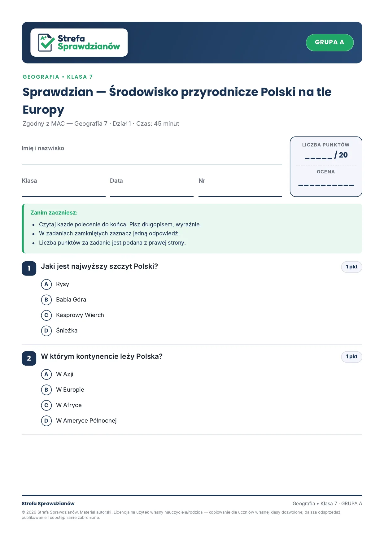 Przykładowy arkusz — strona 1