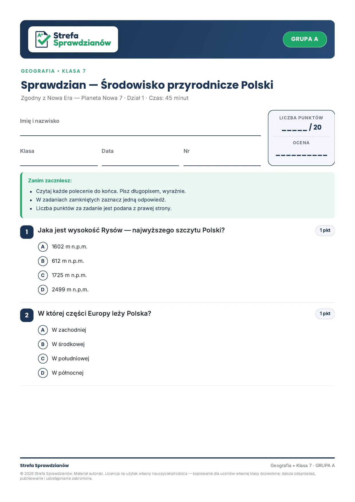 Przykładowy arkusz — strona 1