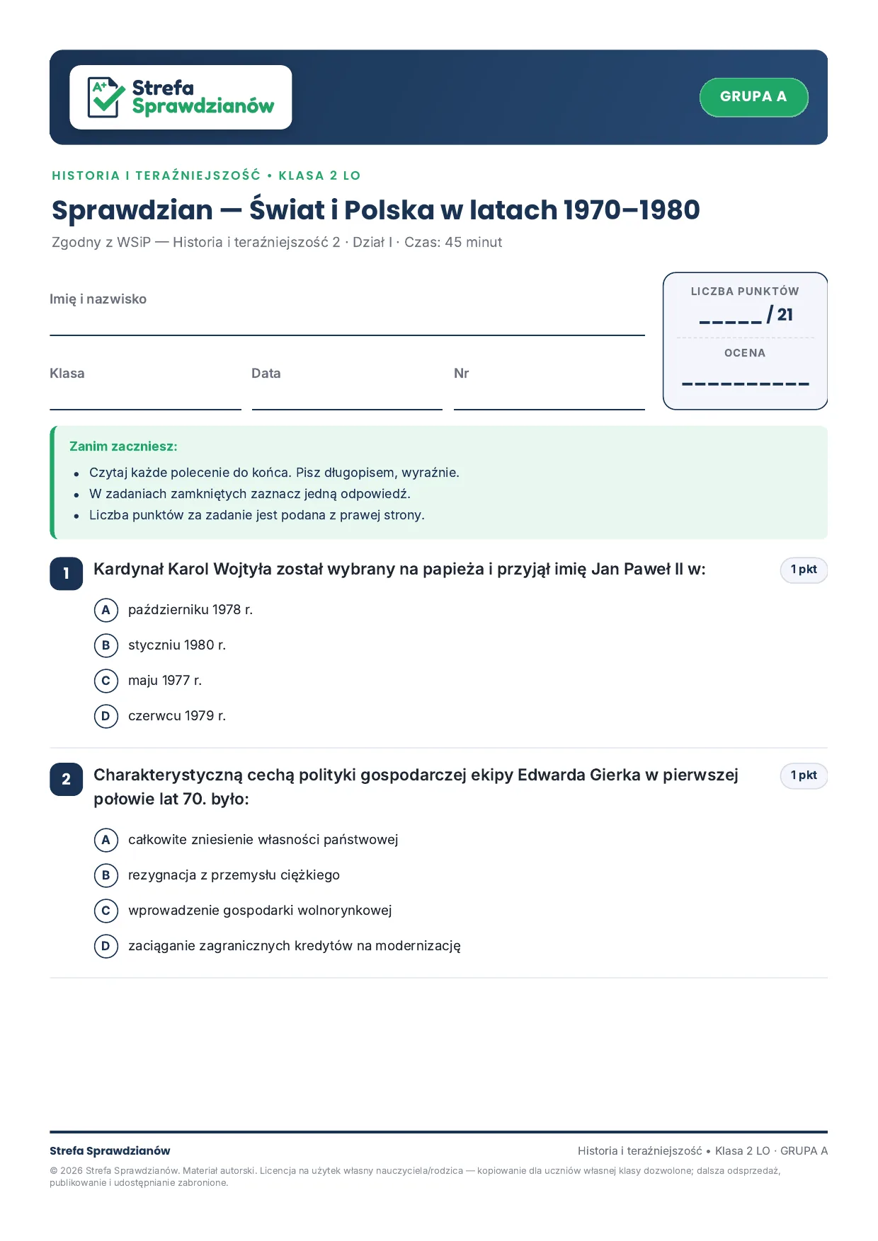 Przykładowy arkusz — strona 1