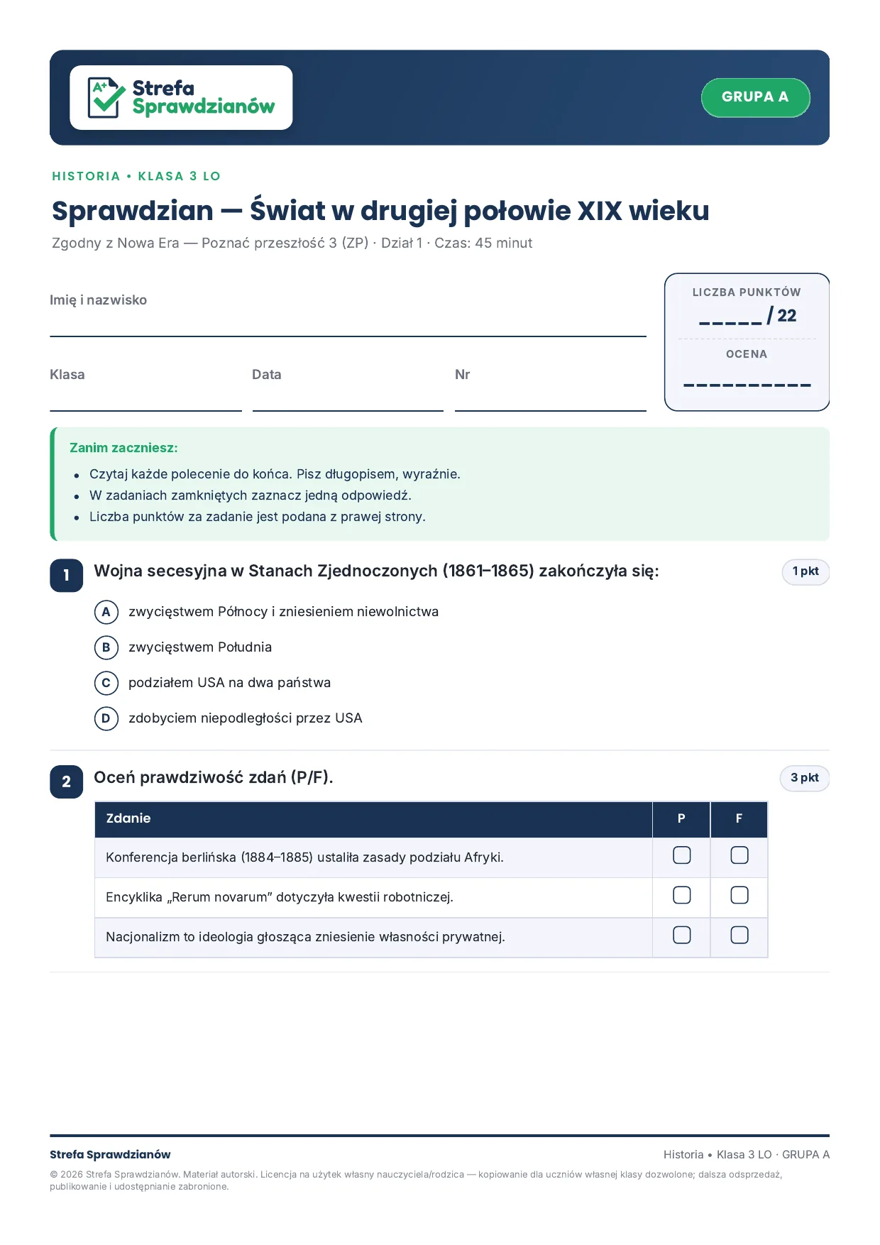 Przykładowy arkusz — strona 1