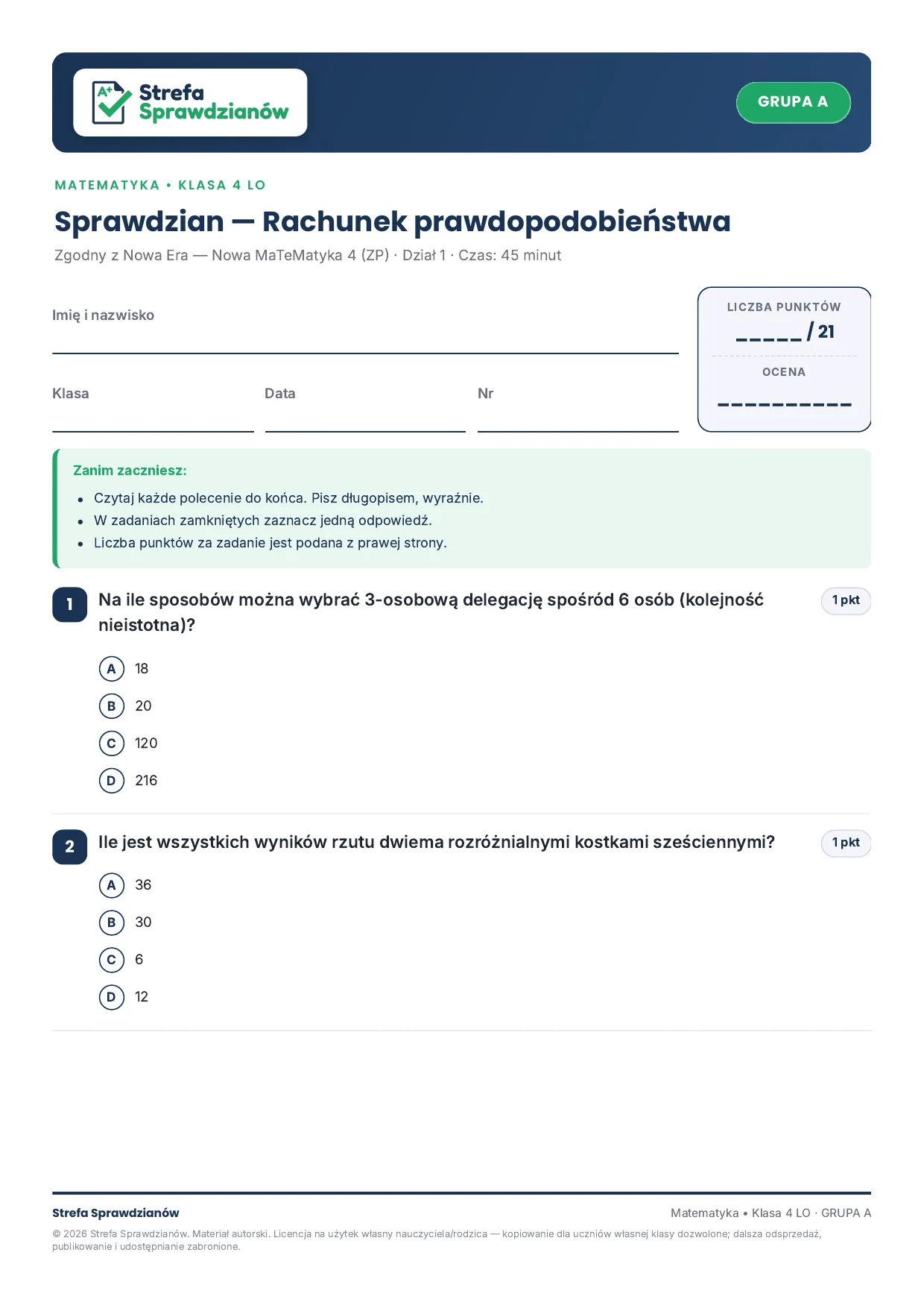Przykładowy arkusz — strona 1