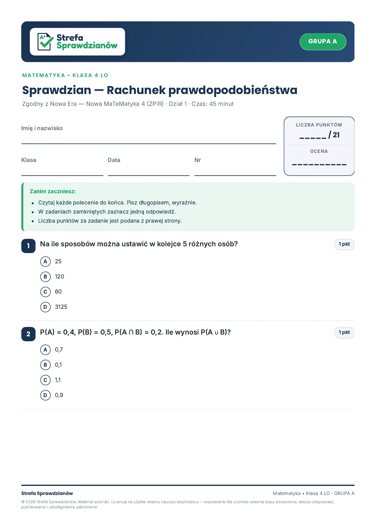 Przykładowy arkusz — strona 1