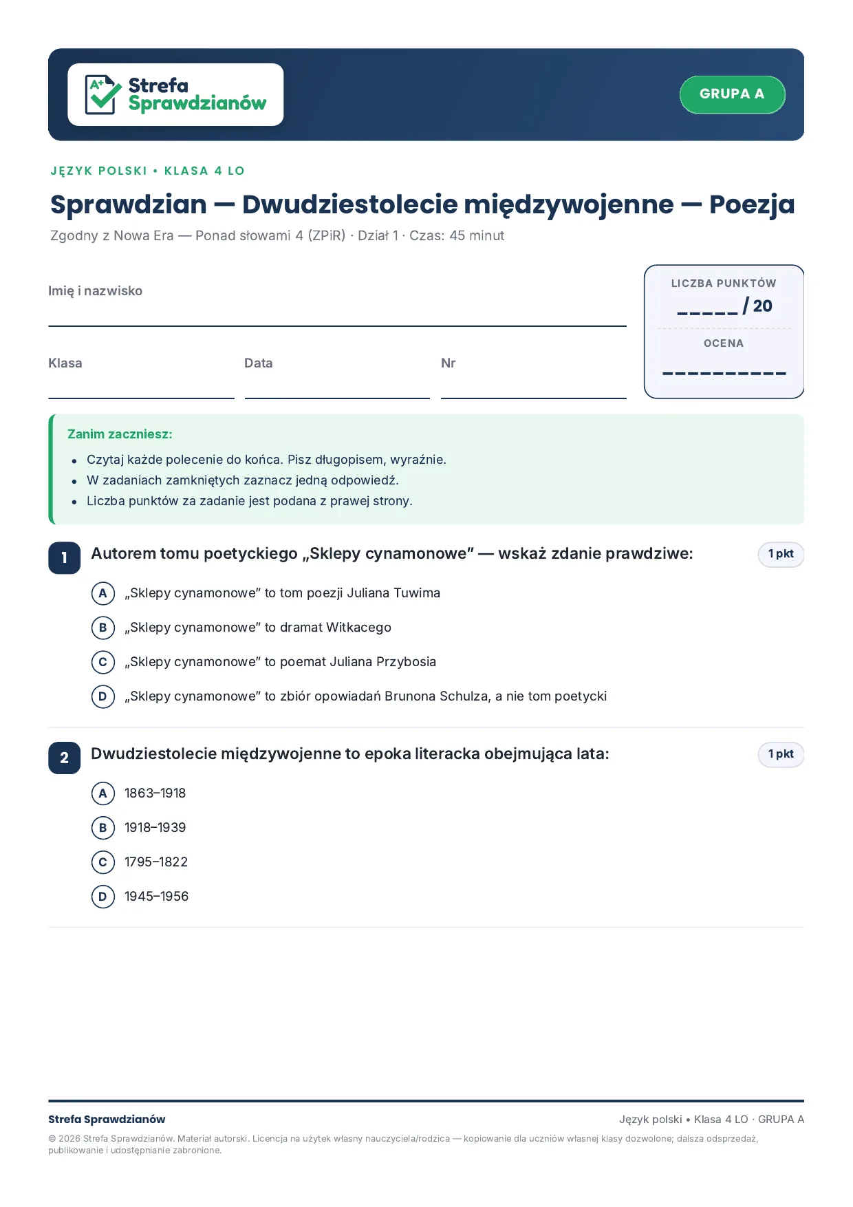 Przykładowy arkusz — strona 1