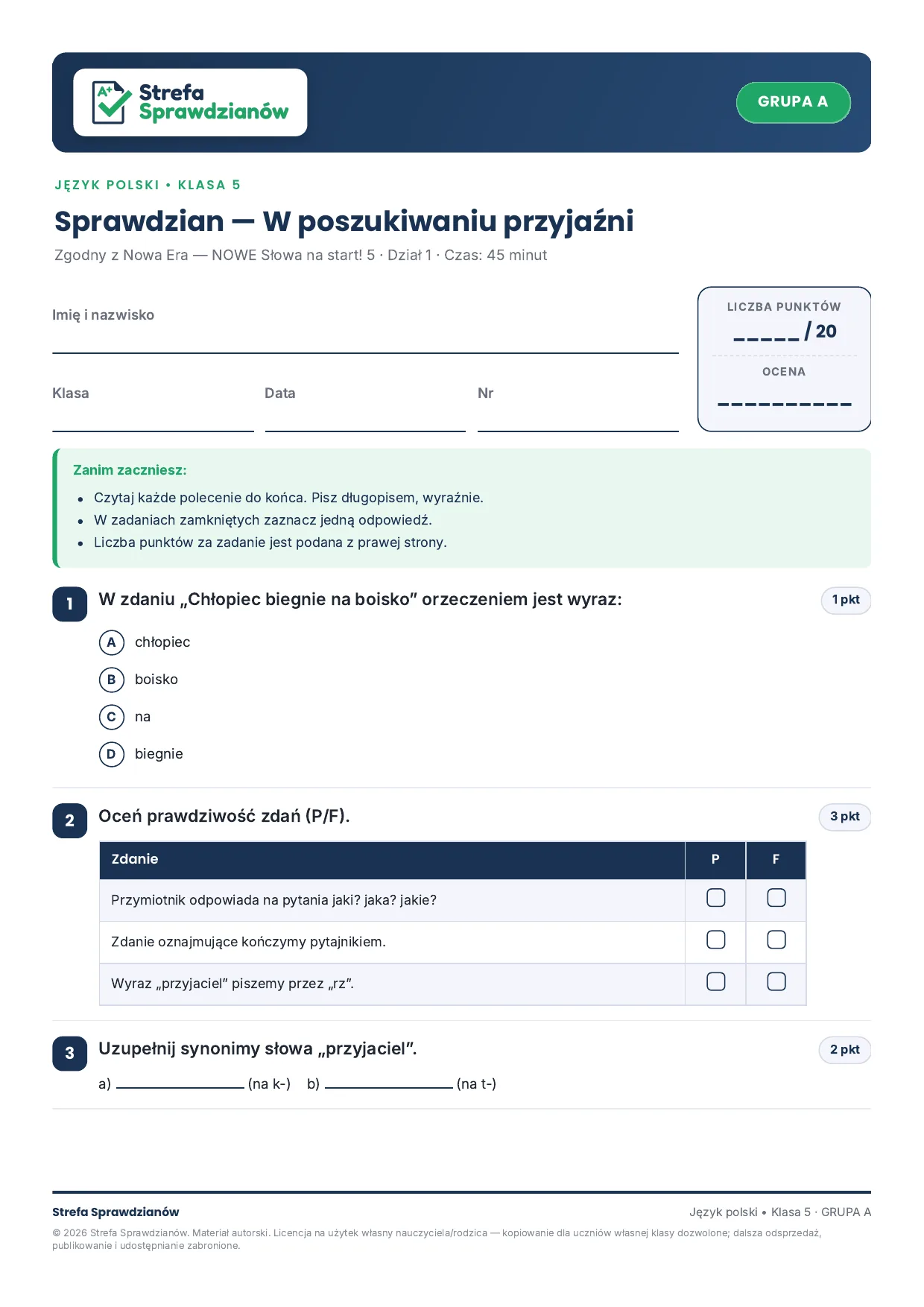 Przykładowy arkusz — strona 1
