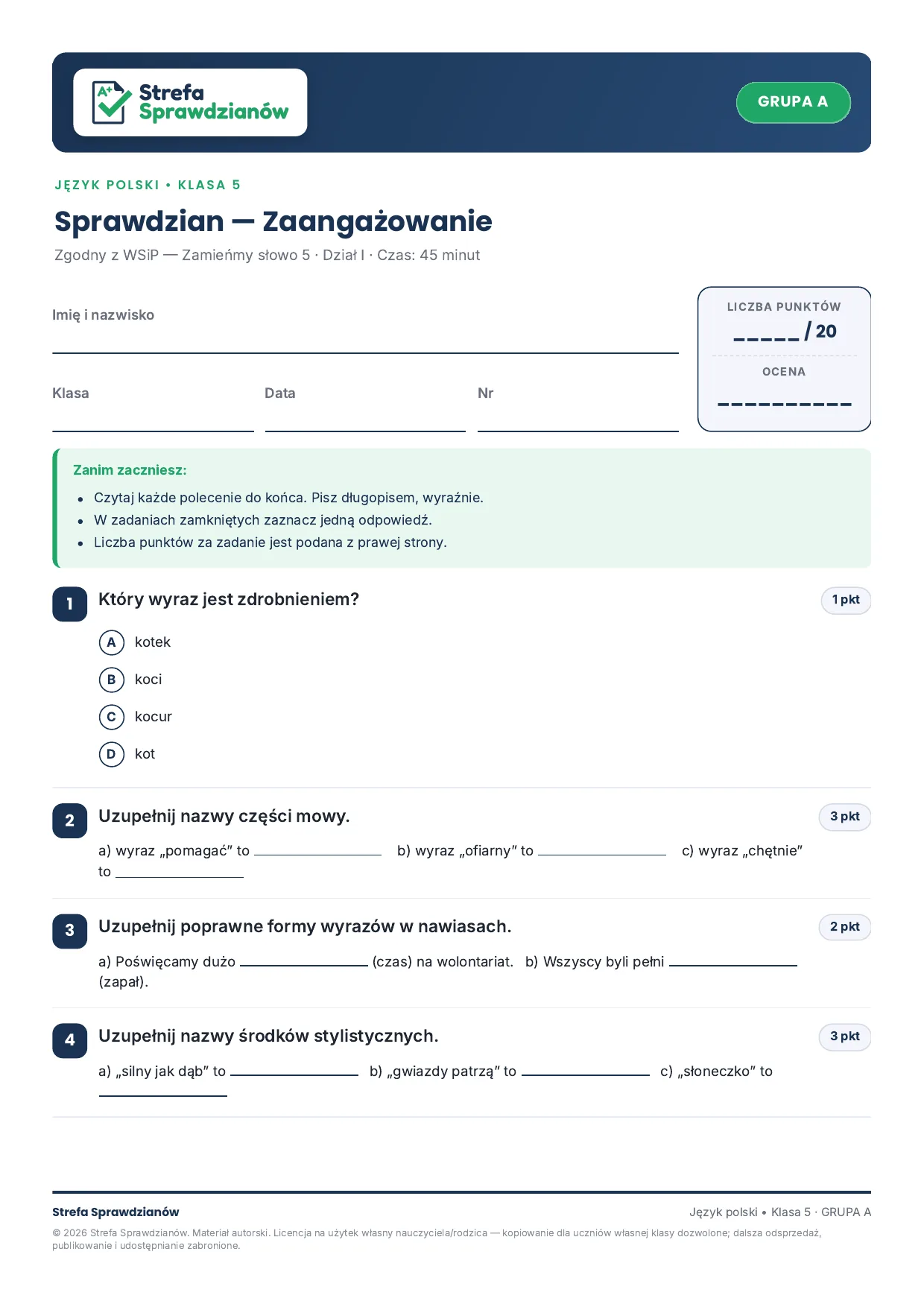 Przykładowy arkusz — strona 1