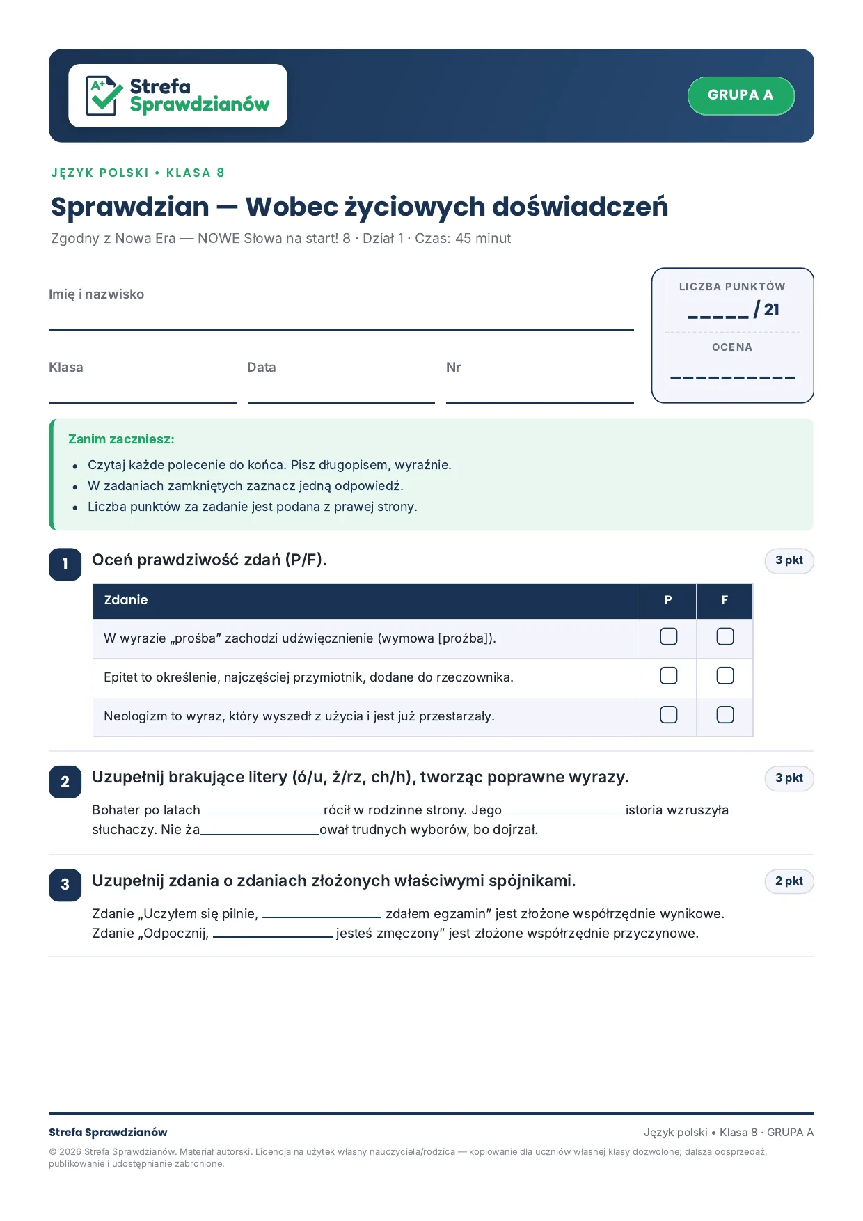 Przykładowy arkusz — strona 1