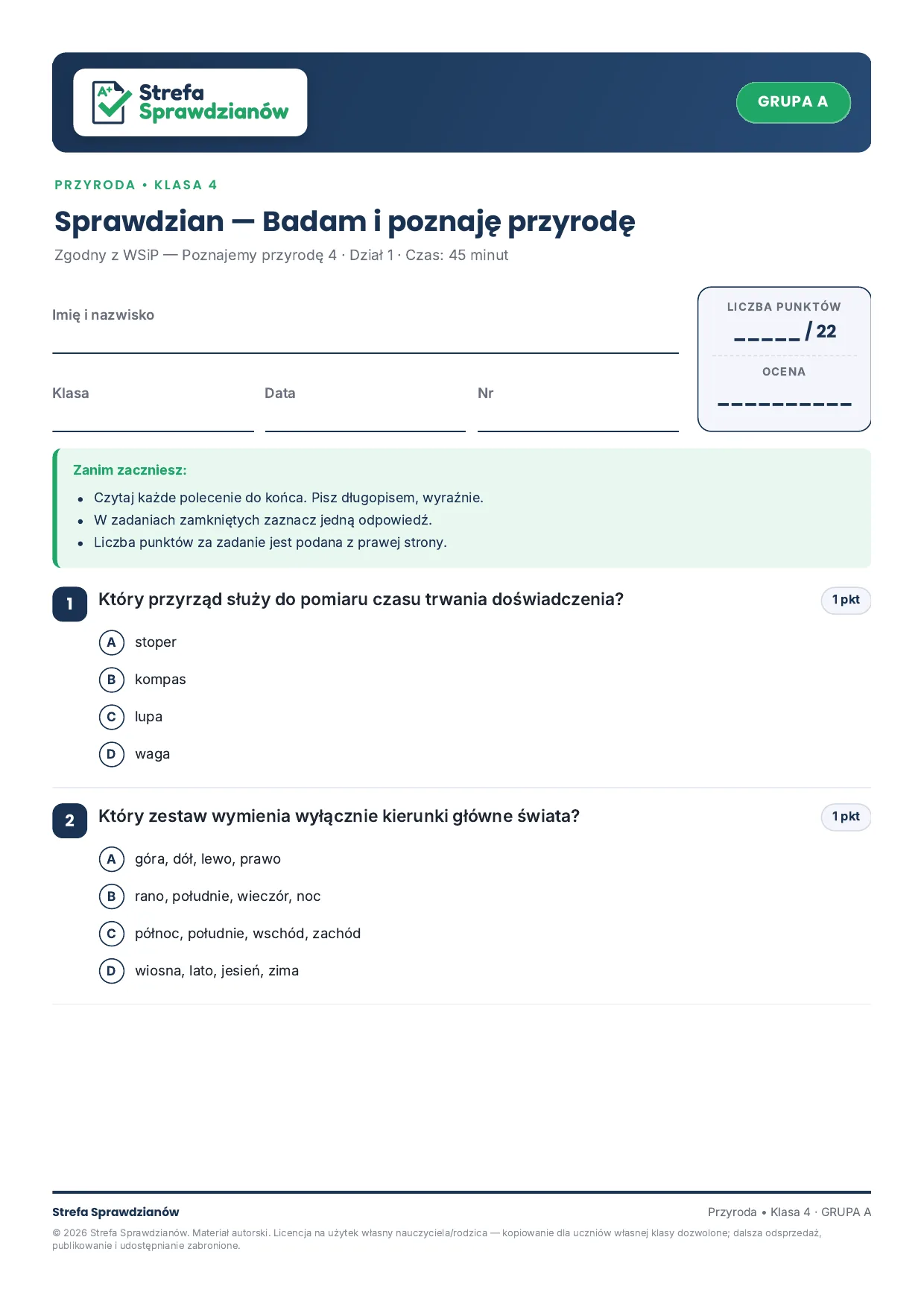 Przykładowy arkusz — strona 1