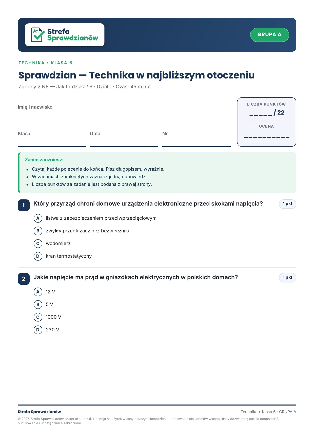 Przykładowy arkusz — strona 1