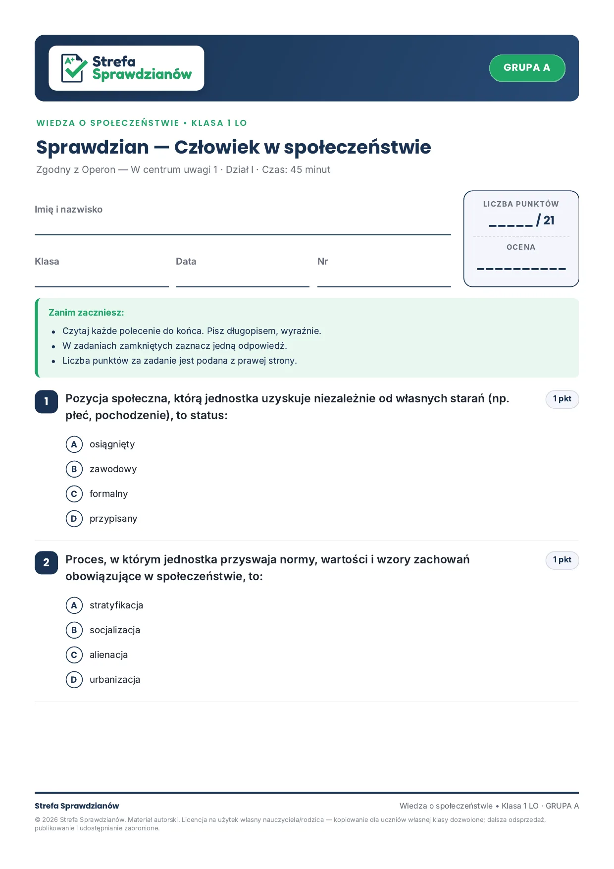 Przykładowy arkusz — strona 1