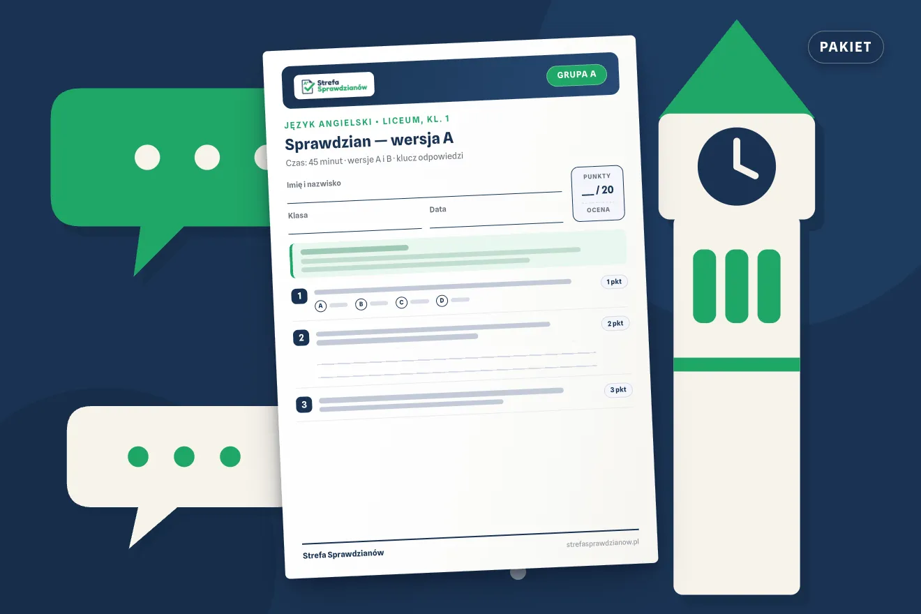 Okładka kompletu sprawdzianów i kartkówek — Język angielski, klasa 1 liceum — komplet całoroczny, Język angielski · Liceum, kl. 1