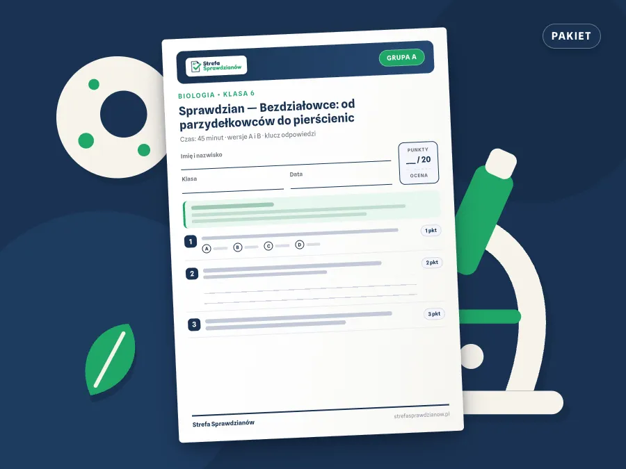 Okładka kompletu sprawdzianów i kartkówek — Biologia, klasa 6 — komplet całoroczny, Biologia · Klasa 6