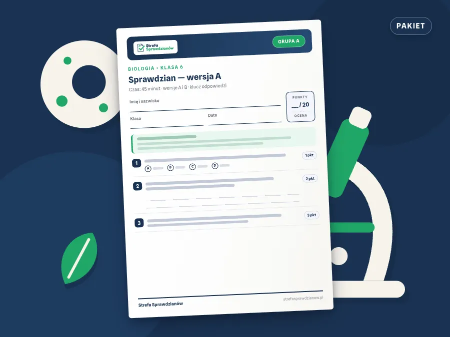 Okładka kompletu sprawdzianów i kartkówek — Biologia, klasa 6 — komplet całoroczny, Biologia · Klasa 6