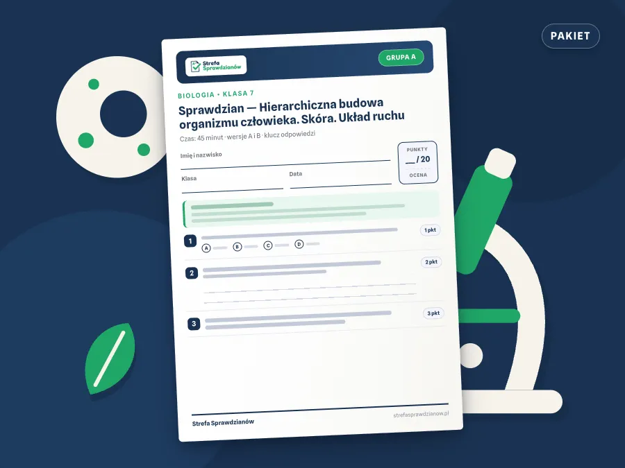 Okładka kompletu sprawdzianów i kartkówek — Biologia, klasa 7 — komplet całoroczny, Biologia · Klasa 7