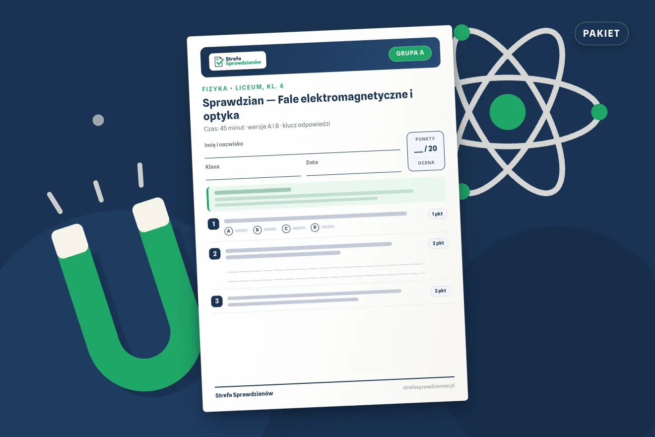 Okładka kompletu sprawdzianów i kartkówek — Fizyka, klasa 4 liceum, zakres rozszerzony — komplet całoroczny, Fizyka · Liceum, kl. 4