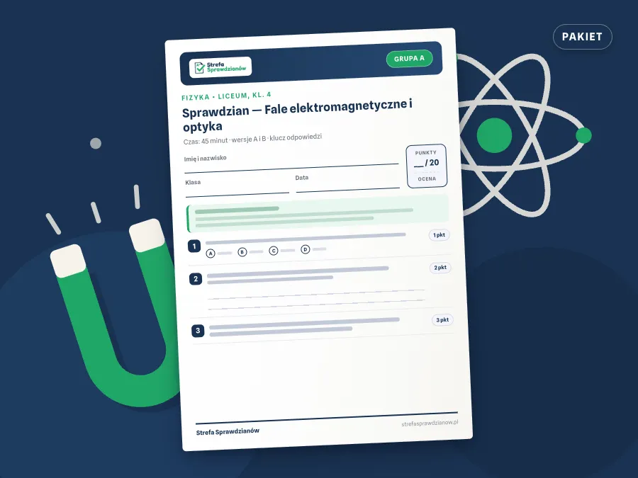 Okładka kompletu sprawdzianów i kartkówek — Fizyka, klasa 4 liceum, zakres rozszerzony — komplet całoroczny, Fizyka · Liceum, kl. 4
