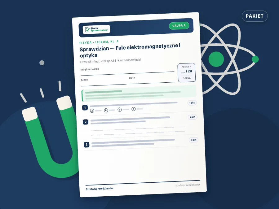 Okładka kompletu sprawdzianów i kartkówek — Fizyka, klasa 4 liceum, zakres rozszerzony — komplet całoroczny, Fizyka · Liceum, kl. 4