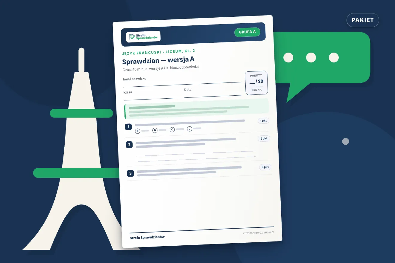 Okładka kompletu sprawdzianów i kartkówek — Język francuski, klasa 2 liceum — komplet całoroczny, Język francuski · Liceum, kl. 2