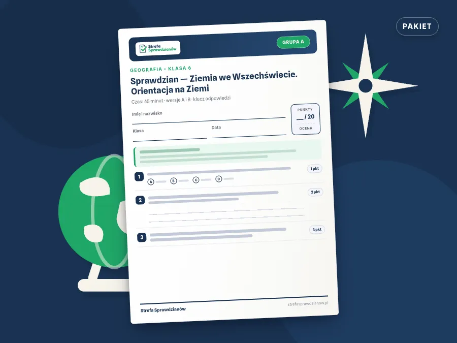 Okładka kompletu sprawdzianów i kartkówek — Geografia, klasa 6 — komplet całoroczny, Geografia · Klasa 6