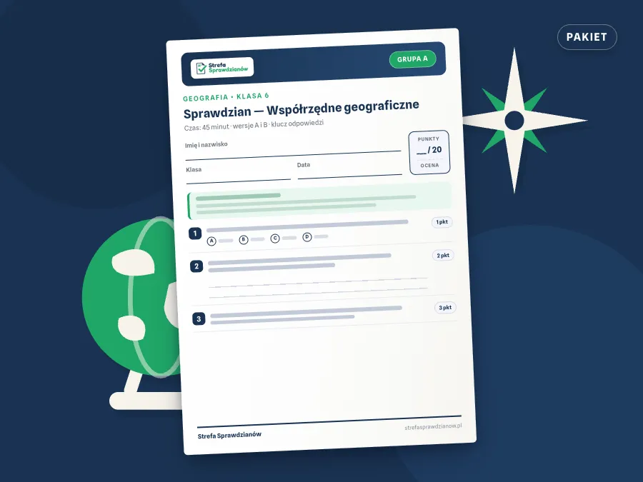 Okładka kompletu sprawdzianów i kartkówek — Geografia, klasa 6 — komplet całoroczny, Geografia · Klasa 6