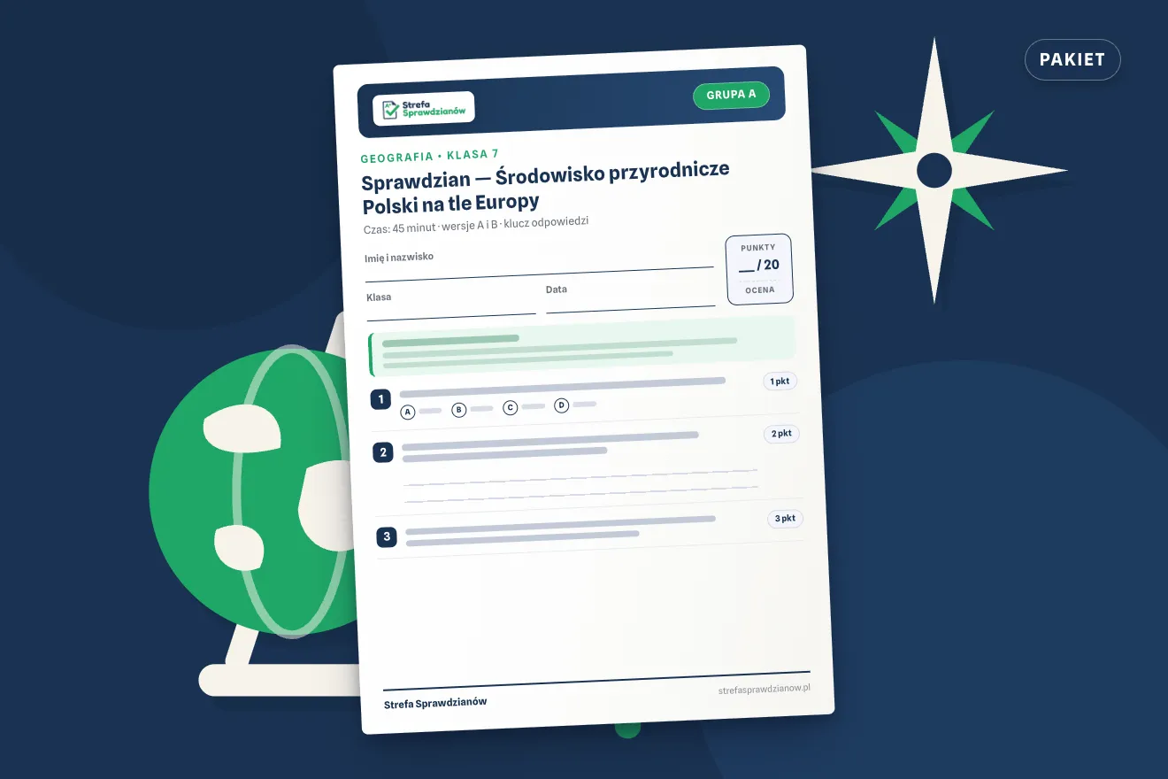 Okładka kompletu sprawdzianów i kartkówek — Geografia, klasa 7 — komplet całoroczny, Geografia · Klasa 7