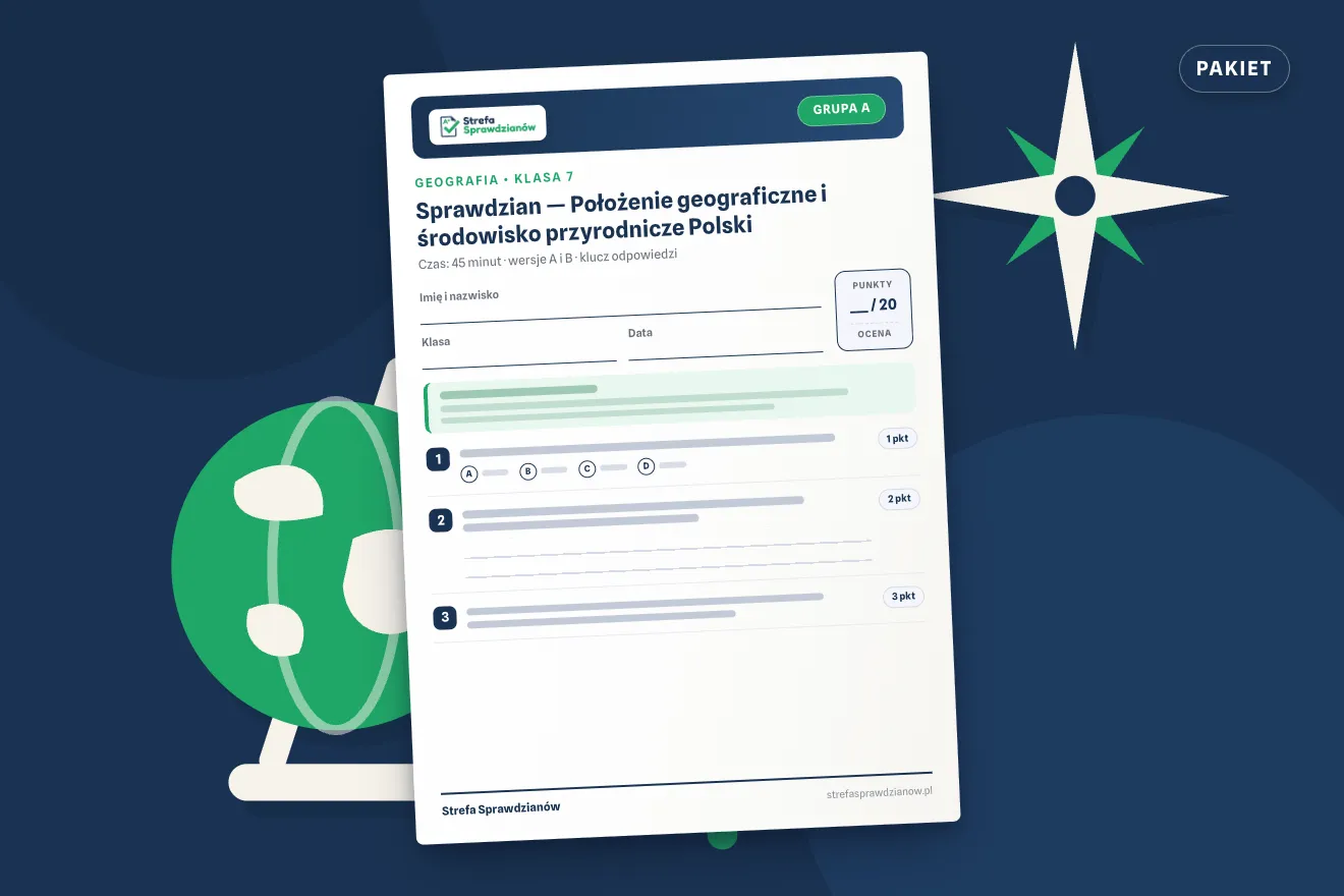 Okładka kompletu sprawdzianów i kartkówek — Geografia, klasa 7 — komplet całoroczny, Geografia · Klasa 7