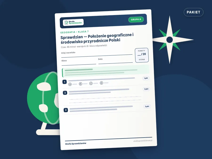 Okładka kompletu sprawdzianów i kartkówek — Geografia, klasa 7 — komplet całoroczny, Geografia · Klasa 7