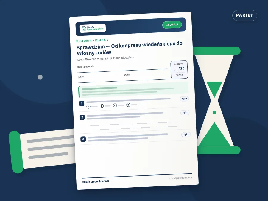 Okładka kompletu sprawdzianów i kartkówek — Historia, klasa 7 — komplet całoroczny, Historia · Klasa 7