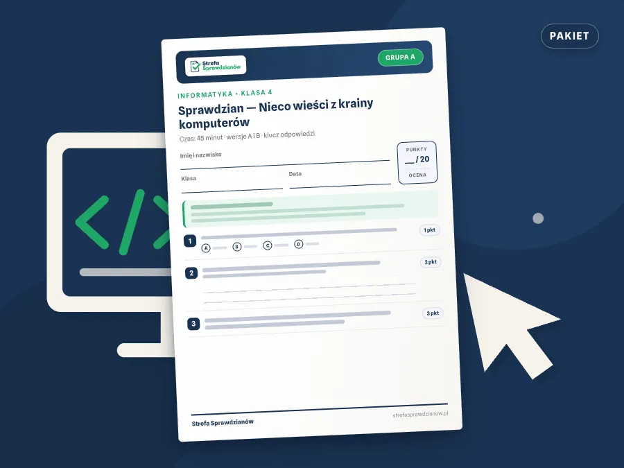 Okładka kompletu sprawdzianów i kartkówek — Informatyka, klasa 4 — komplet całoroczny, Informatyka · Klasa 4