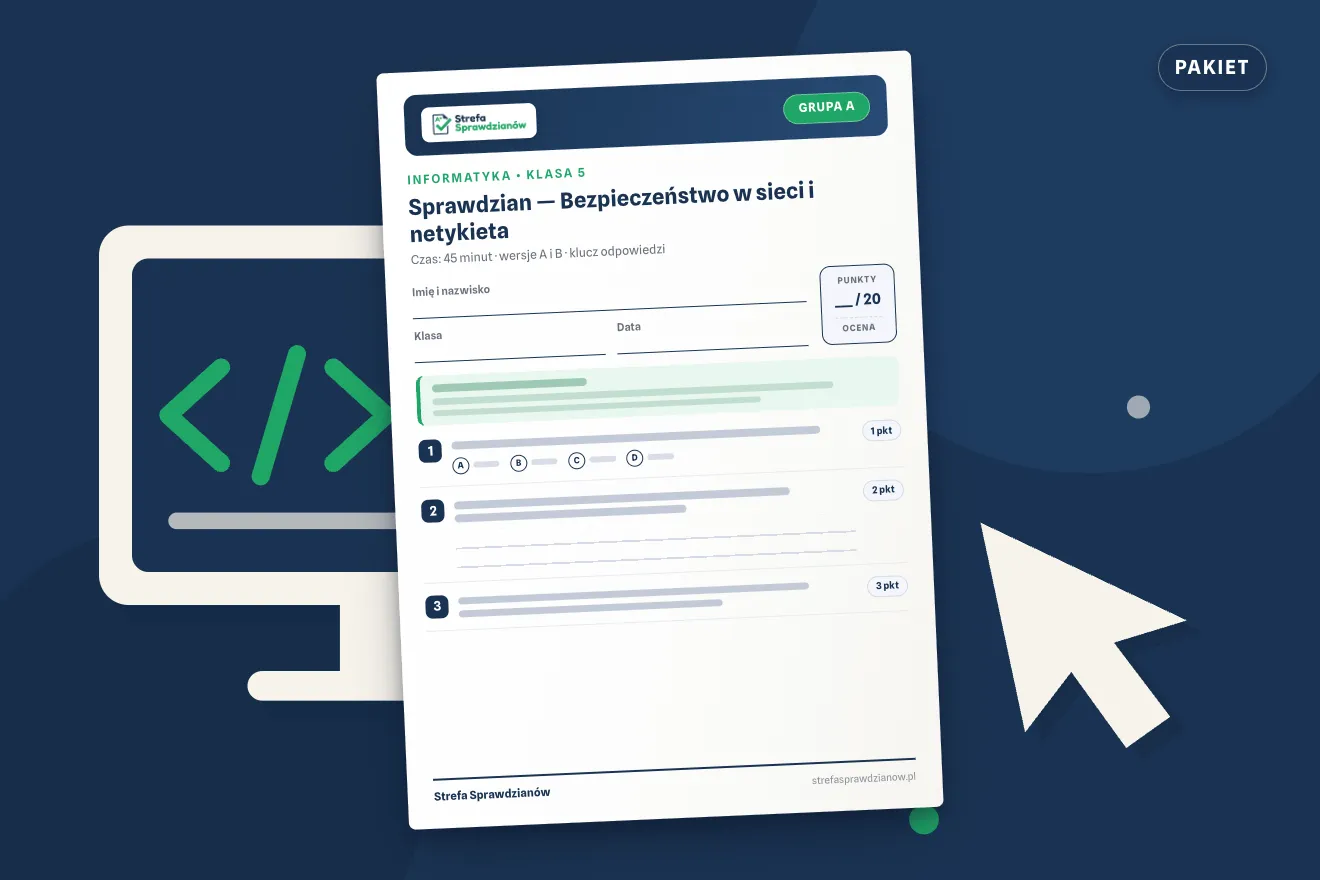 Okładka kompletu sprawdzianów i kartkówek — Informatyka, klasa 5 — komplet całoroczny, Informatyka · Klasa 5