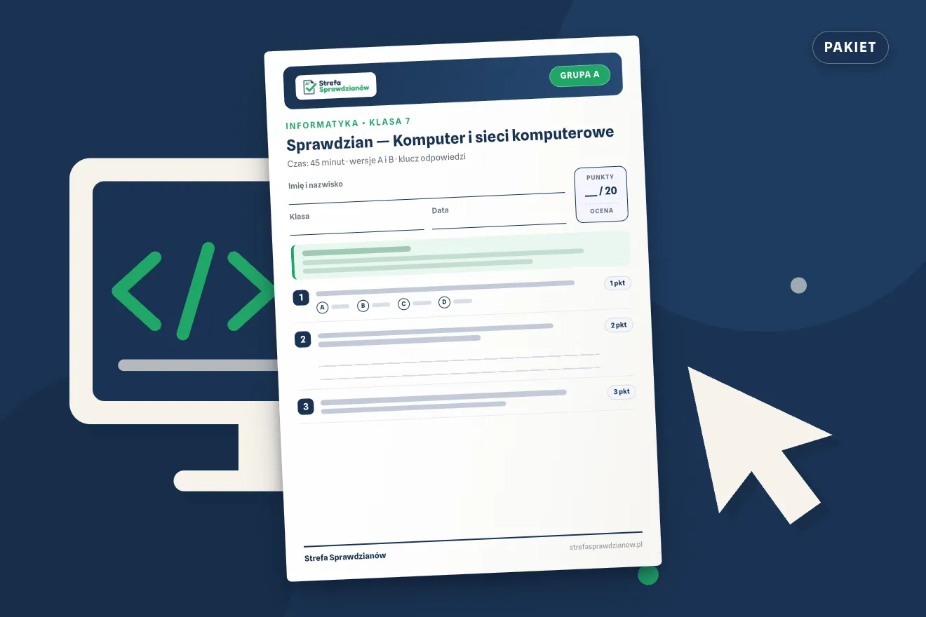 Okładka kompletu sprawdzianów i kartkówek — Informatyka, klasa 7 — komplet całoroczny, Informatyka · Klasa 7