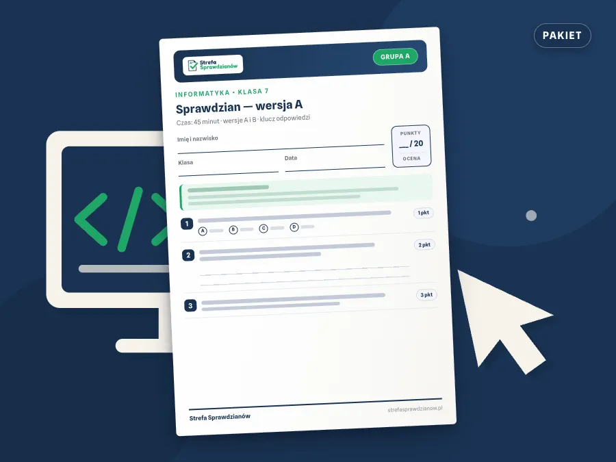 Okładka kompletu sprawdzianów i kartkówek — Informatyka, klasa 7 — komplet całoroczny, Informatyka · Klasa 7