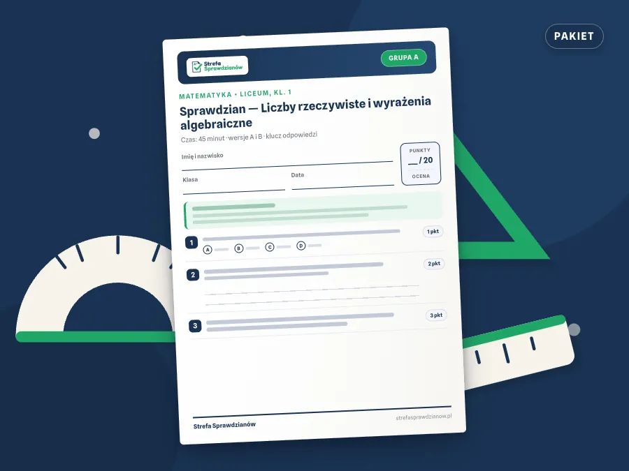 Okładka kompletu sprawdzianów i kartkówek — Matematyka, klasa 1 liceum, zakres podstawowy — komplet całoroczny, Matematyka · Liceum, kl. 1