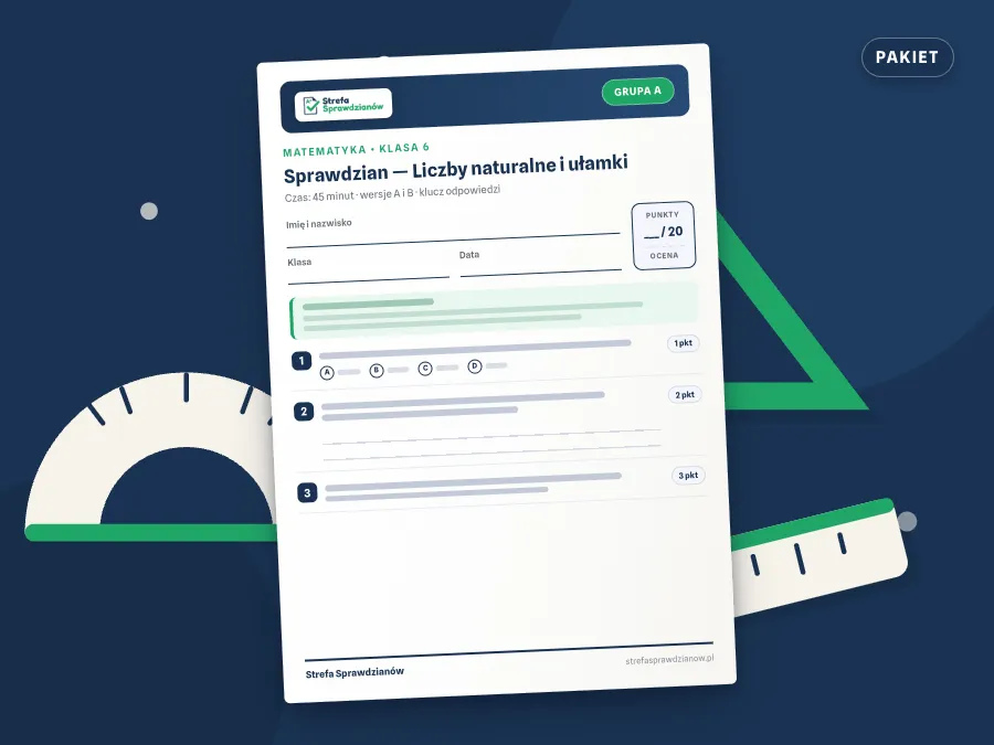 Okładka kompletu sprawdzianów i kartkówek — Matematyka, klasa 6 — komplet całoroczny, Matematyka · Klasa 6