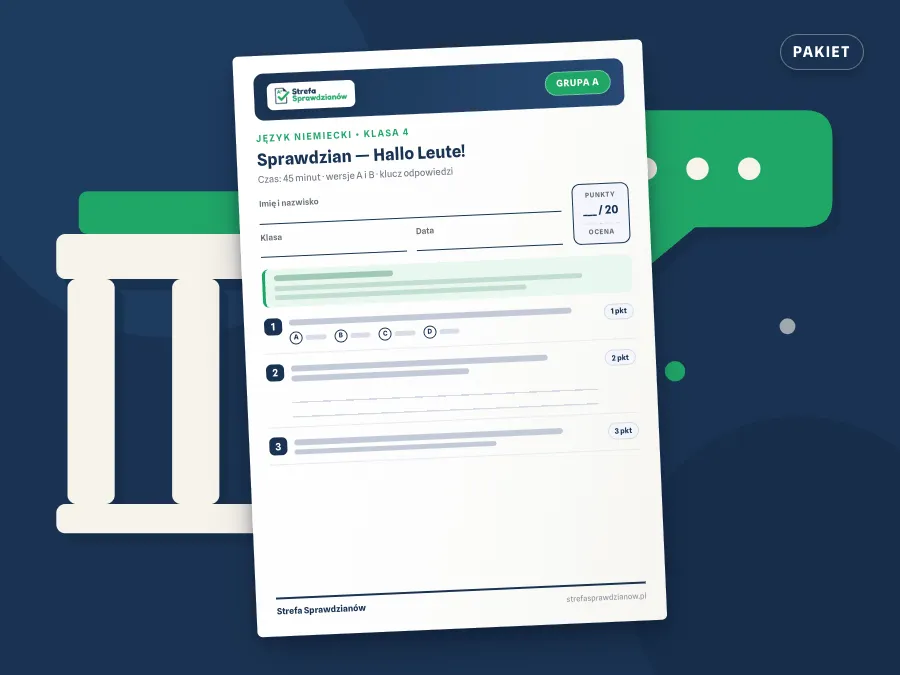 Okładka kompletu sprawdzianów i kartkówek — Język niemiecki, klasa 4 — komplet całoroczny, Język niemiecki · Klasa 4