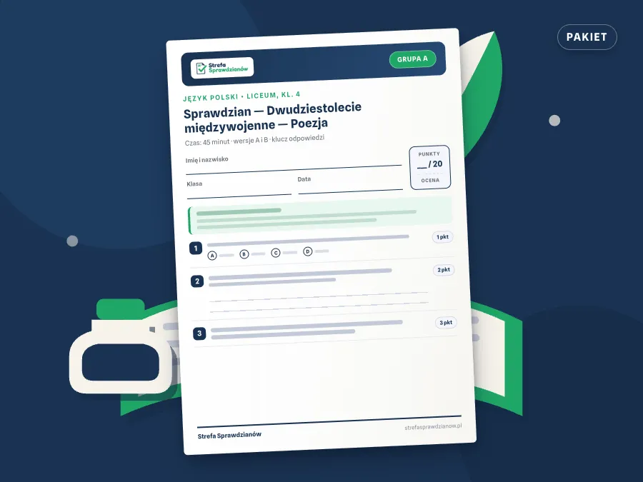 Okładka kompletu sprawdzianów i kartkówek — Język polski, klasa 4 liceum, zakres podstawowy i rozszerzony — komplet całoroczny, Język polski · Liceum, kl. 4