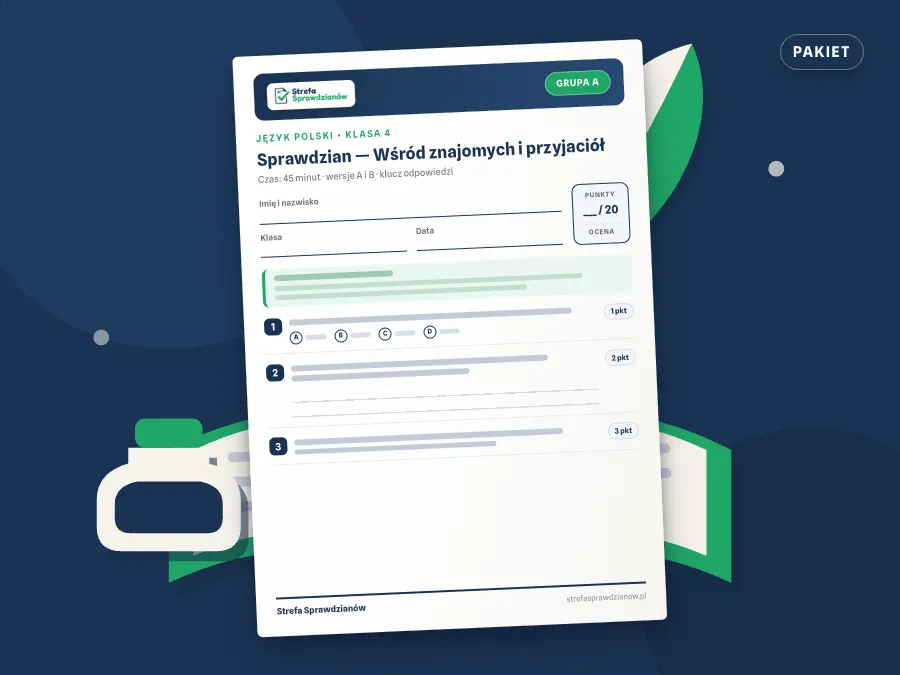Okładka kompletu sprawdzianów i kartkówek — Między nami 4, Język polski · Klasa 4