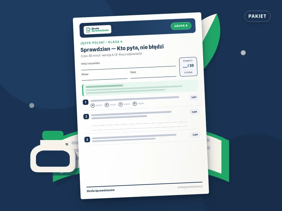 Okładka kompletu sprawdzianów i kartkówek — Język polski, klasa 6 — komplet całoroczny, Język polski · Klasa 6