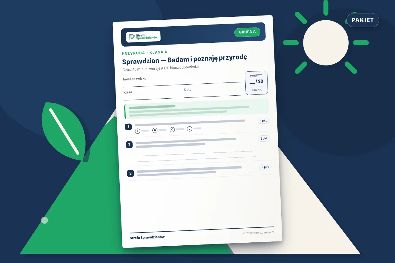 Okładka kompletu sprawdzianów i kartkówek — Przyroda, klasa 4 — komplet całoroczny, Przyroda · Klasa 4
