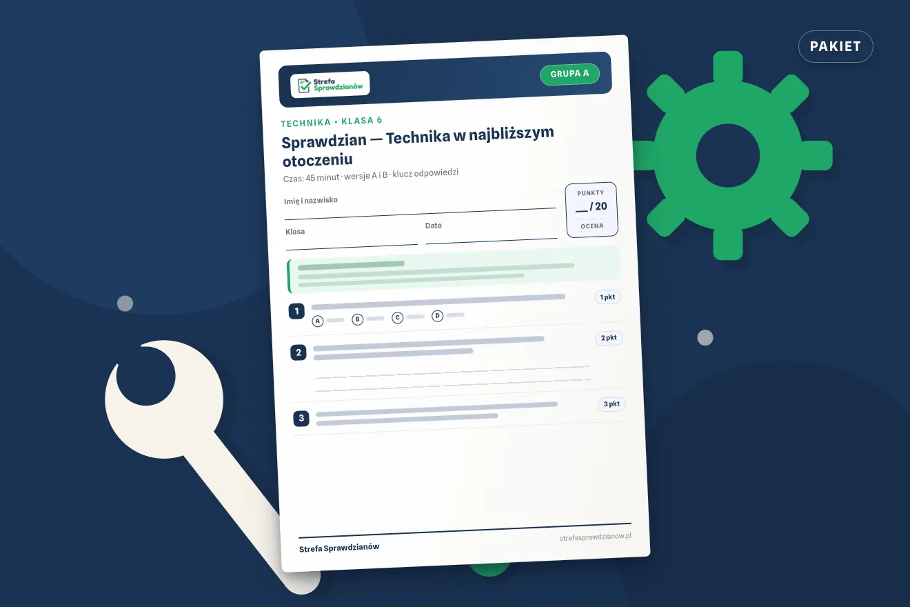 Okładka kompletu sprawdzianów i kartkówek — Technika, klasa 6 — komplet całoroczny, Technika · Klasa 6