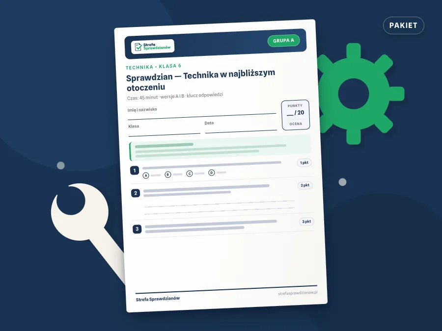 Okładka kompletu sprawdzianów i kartkówek — Technika, klasa 6 — komplet całoroczny, Technika · Klasa 6