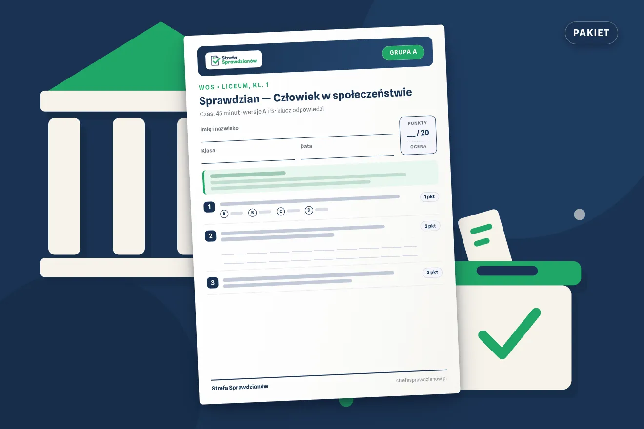 Okładka kompletu sprawdzianów i kartkówek — WOS, klasa 1 liceum, zakres rozszerzony — komplet całoroczny, WOS · Liceum, kl. 1
