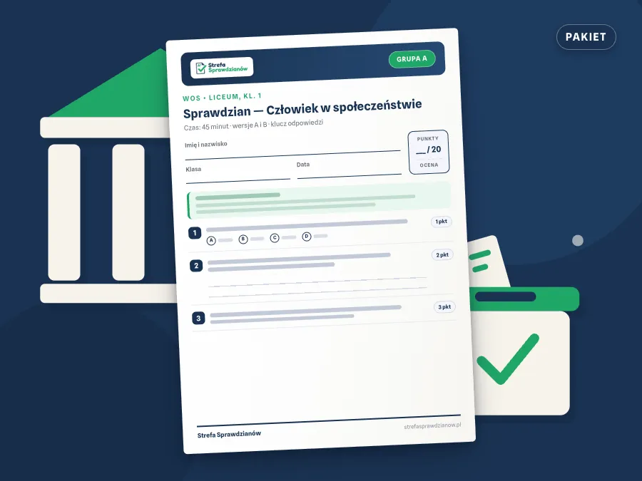 Okładka kompletu sprawdzianów i kartkówek — WOS, klasa 1 liceum, zakres rozszerzony — komplet całoroczny, WOS · Liceum, kl. 1