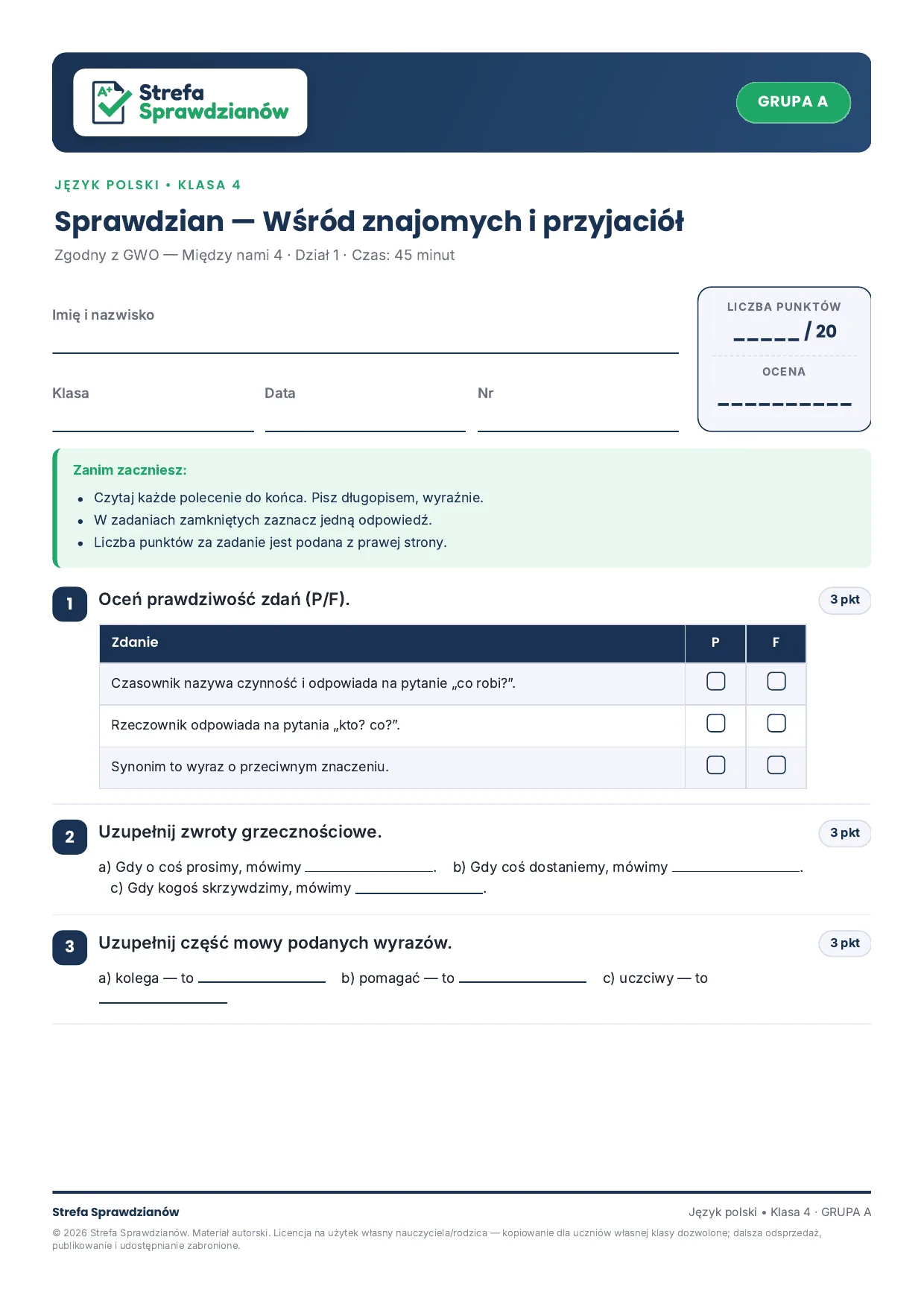 Przykładowa strona arkusza — Między nami 4 — komplet całoroczny, strona 1